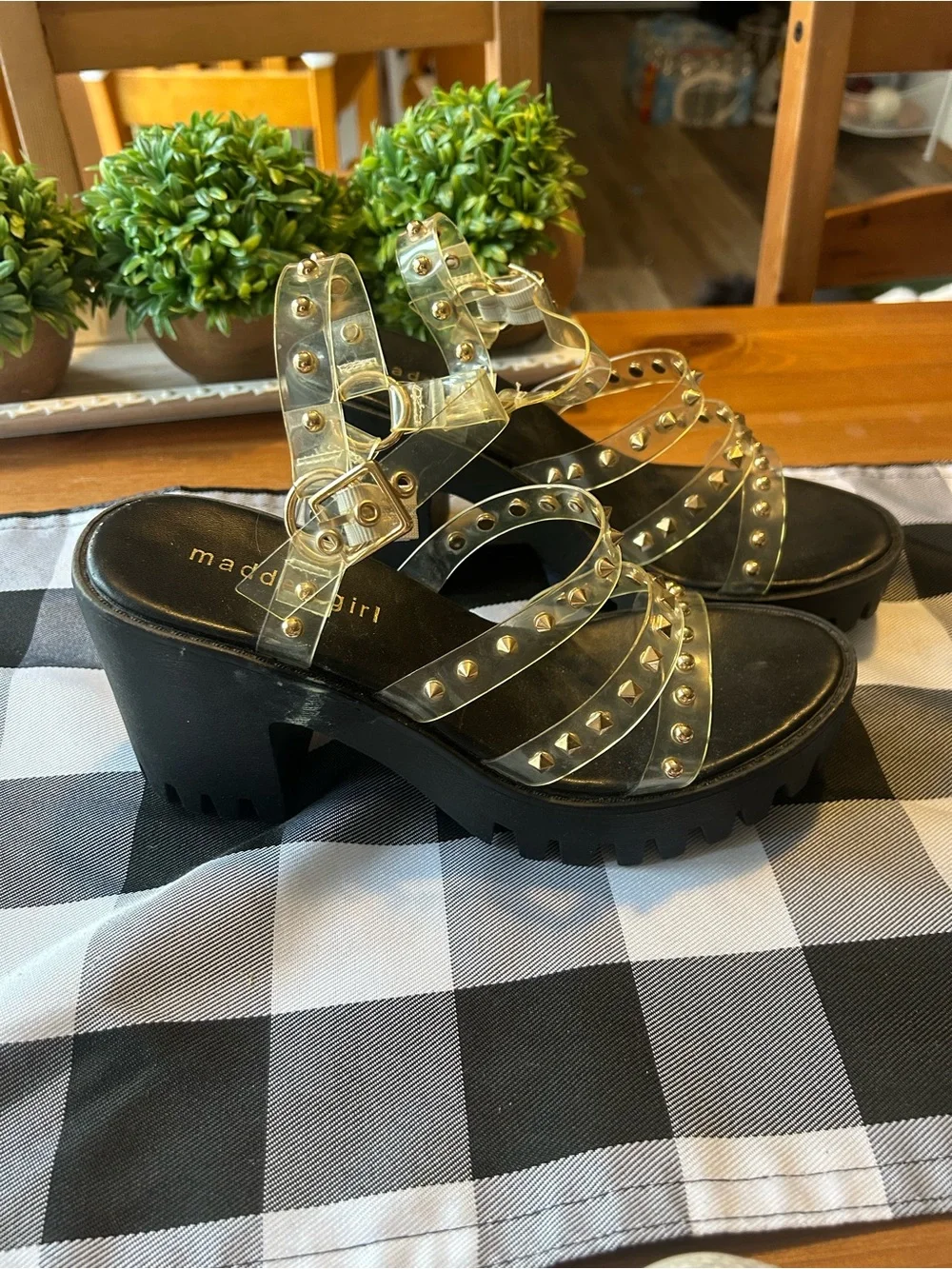Madden Girl Black Platform Sandal with Gold Studs